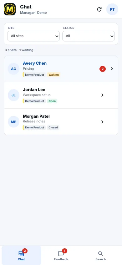 Managani mobile Chat queue with customer conversations