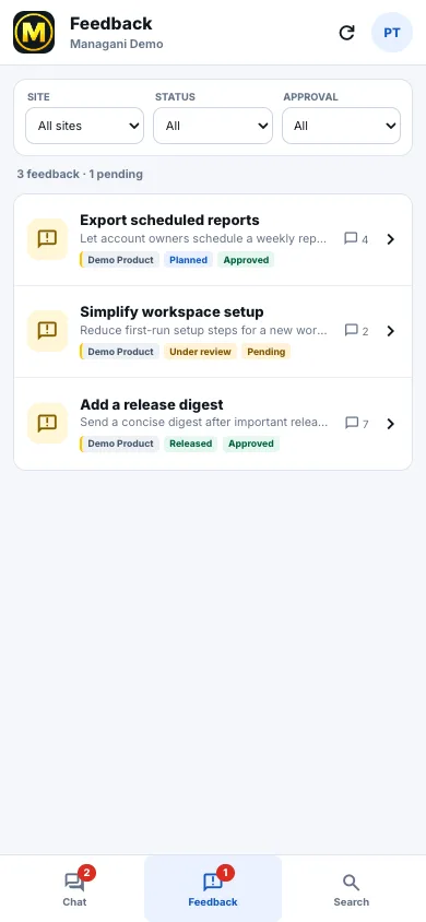 Managani mobile Feedback queue with request status and approvals