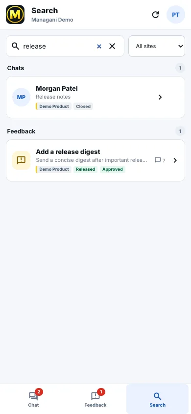 Managani mobile search across customer chats and product feedback