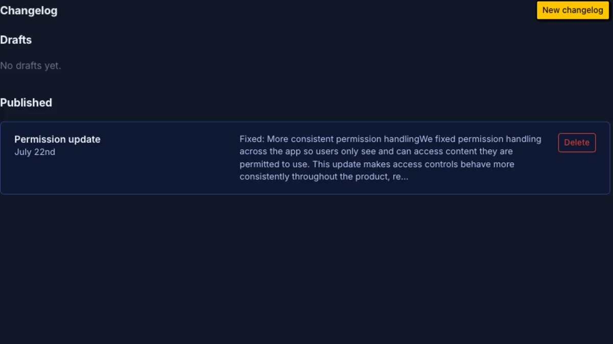 Managani changelog dashboard with drafts, a published permission update, release date, summary, and create action