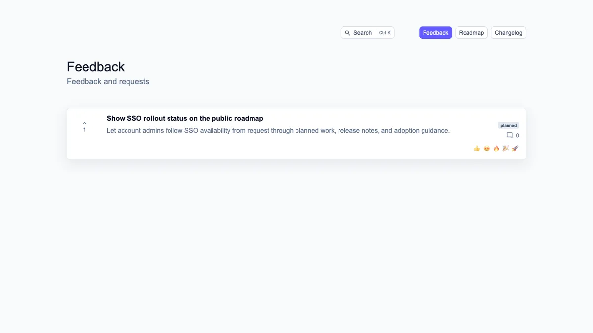 Managani public product feedback portal showing a planned SSO roadmap request, voting, comments, and reactions