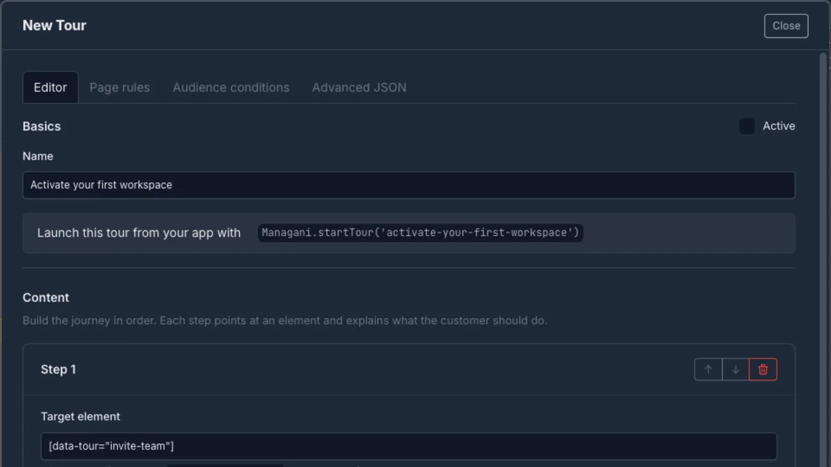 Managani tour builder showing tour steps, page rules, audience conditions, and publishing controls