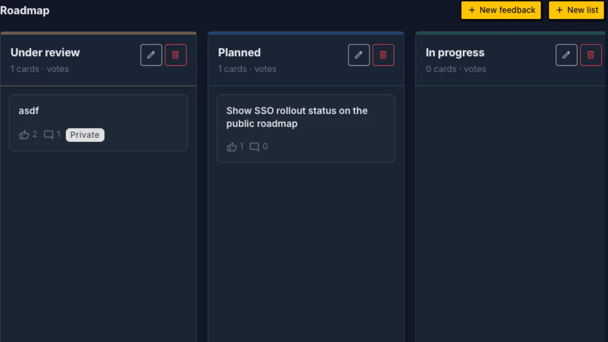 Managani product roadmap board with under review, planned, and in progress lists and a customer request card