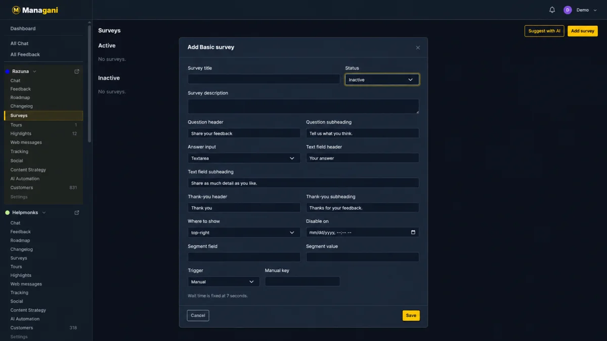 Managani Add Basic survey form with question copy, response input, placement, segment, timing, and trigger settings