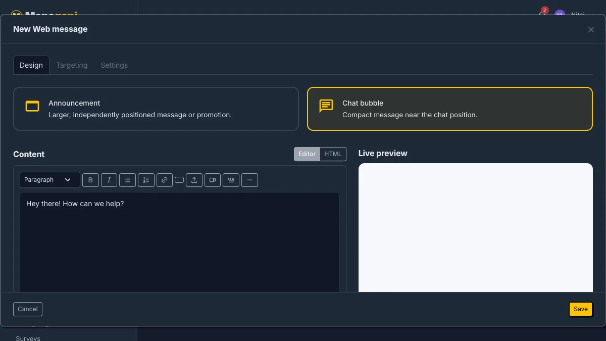 Managani Web Messages editor with content, audience, page, frequency, and stop rules