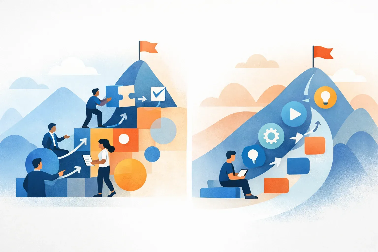 Conceptual illustration of a team coordinating customer implementation while an individual learns a product workflow.