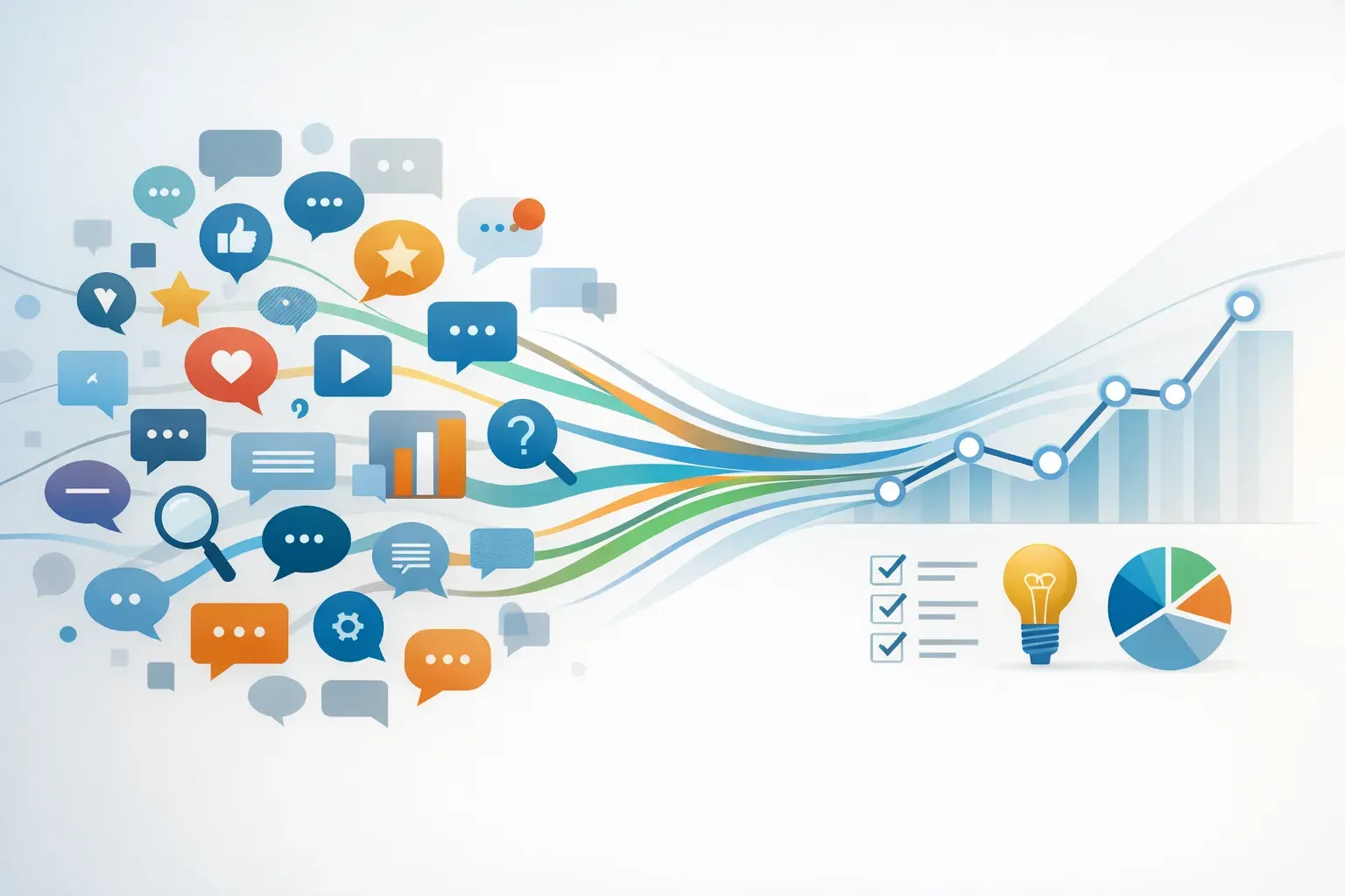 Conceptual illustration of scattered online conversations being organized into useful product and brand insights