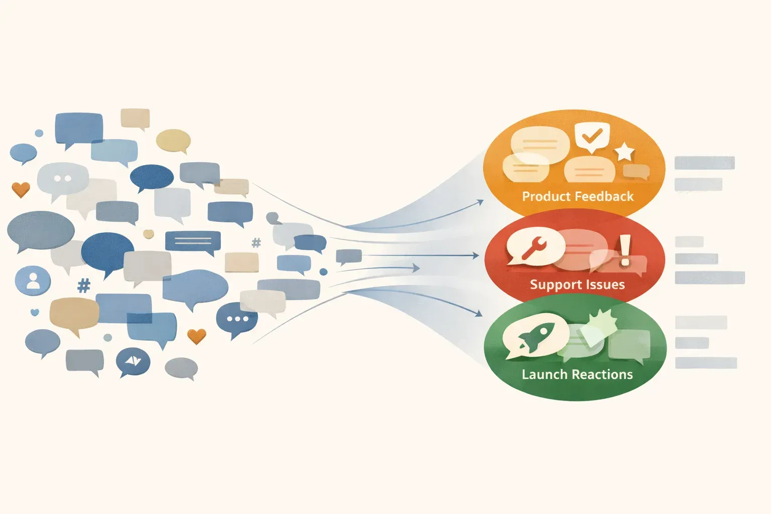 Abstract online conversations being gathered and sorted into product feedback, support issues, and launch reactions.