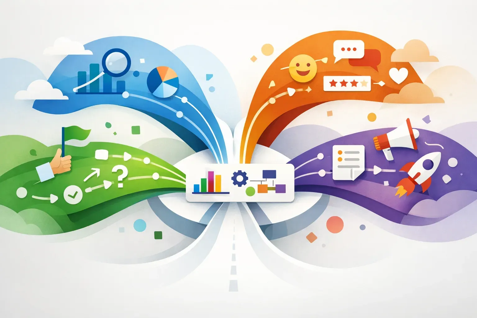 Conceptual illustration of SaaS product teams connecting analytics, user guidance, customer feedback, and adoption workflows.