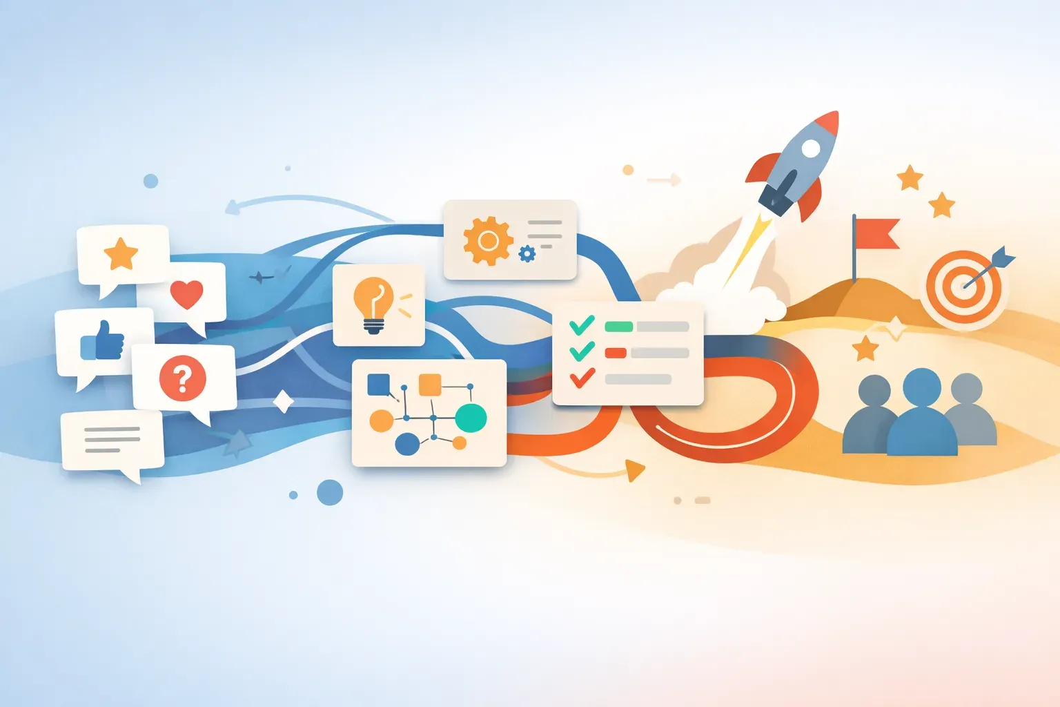 Conceptual illustration of customer feedback connecting to roadmap planning, a product release, and adoption.