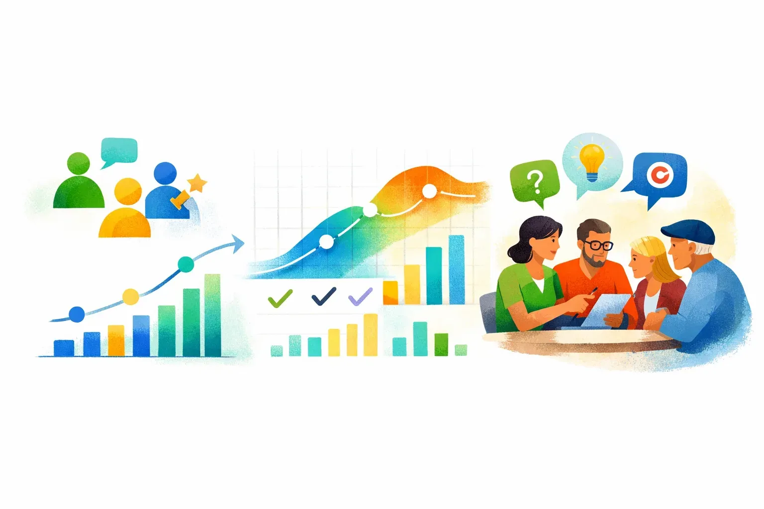 Conceptual illustration showing a team measuring feature adoption and guiding users who have not yet adopted a feature.