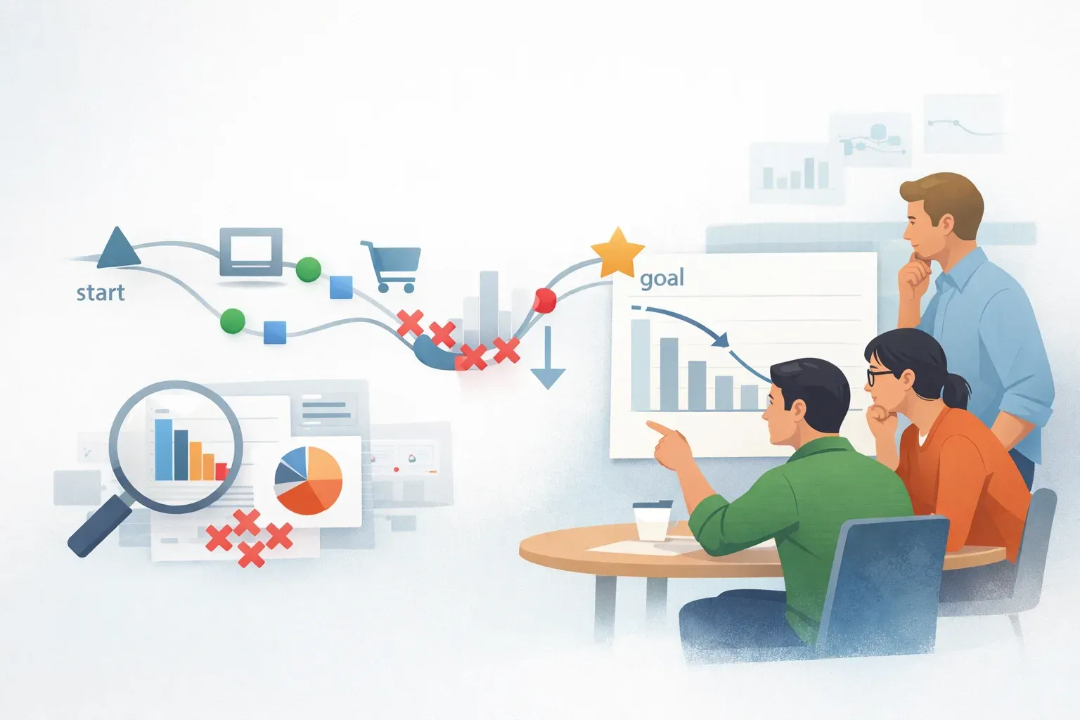 Conceptual illustration of a product team examining user events and an adoption journey