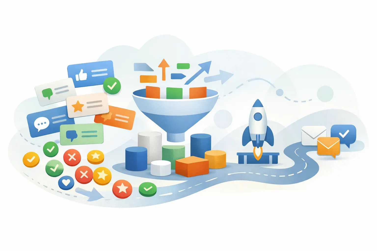 Conceptual illustration of customer feature requests and votes feeding into product prioritization and follow-up.
