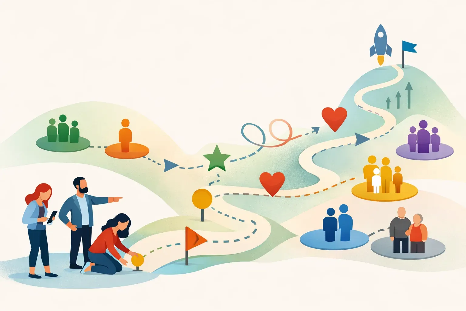 Conceptual illustration of a startup team comparing user journeys, retention, and feature adoption.