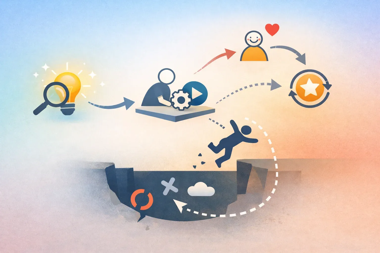 Conceptual illustration of a SaaS user journey from feature discovery to first use and repeat use, highlighting where users may drop off.