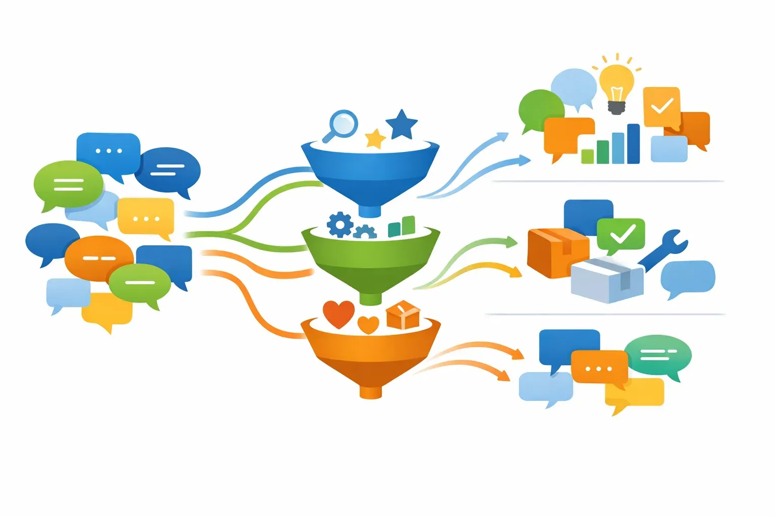 A conceptual flow of social conversation signals being sorted into themes and carried forward as product feedback.