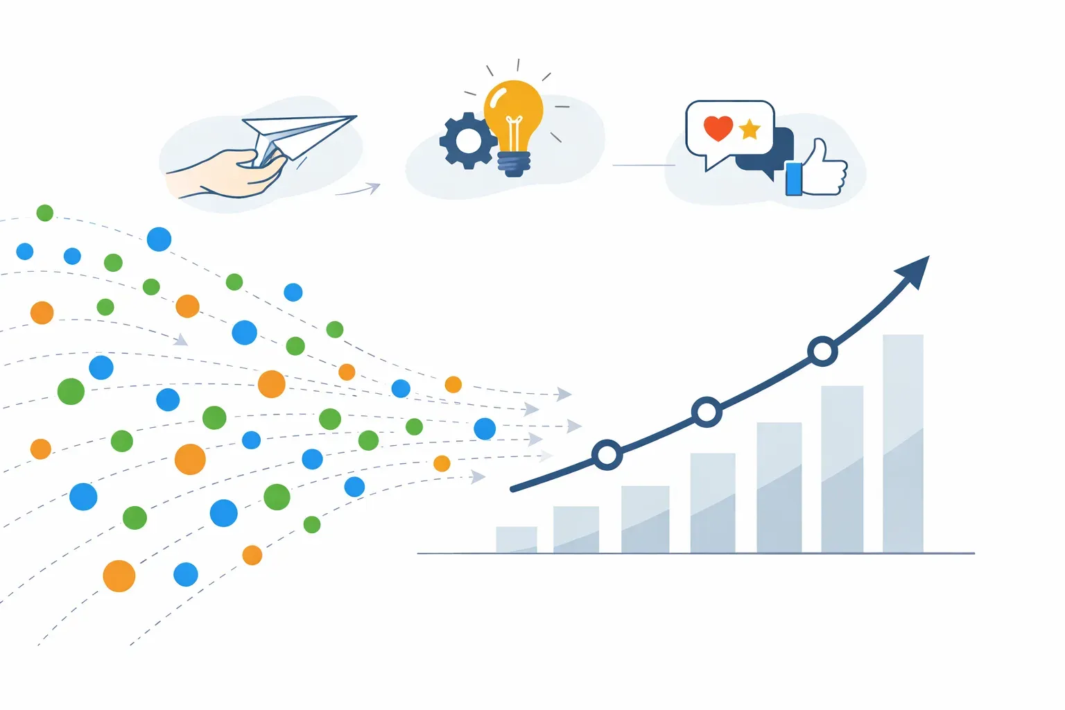 Conceptual illustration of product usage signals connecting to adoption insights and a rising trend