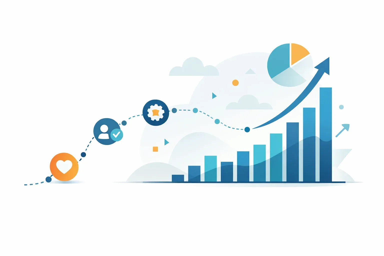 Abstract user activity points flow into a rising chart, representing product analytics and market forecasts.