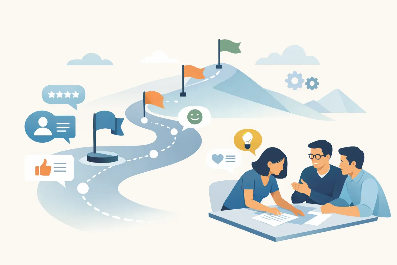 A team connects customer feedback and priorities to milestones on a product roadmap.